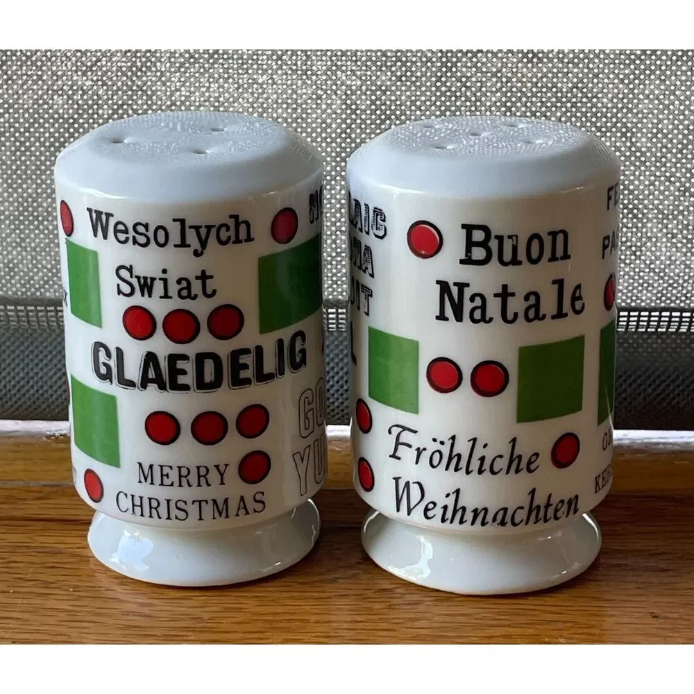 Vintage Japan Christmas Salt & Pepper Shakers Ceramic Multilingual Holiday Set